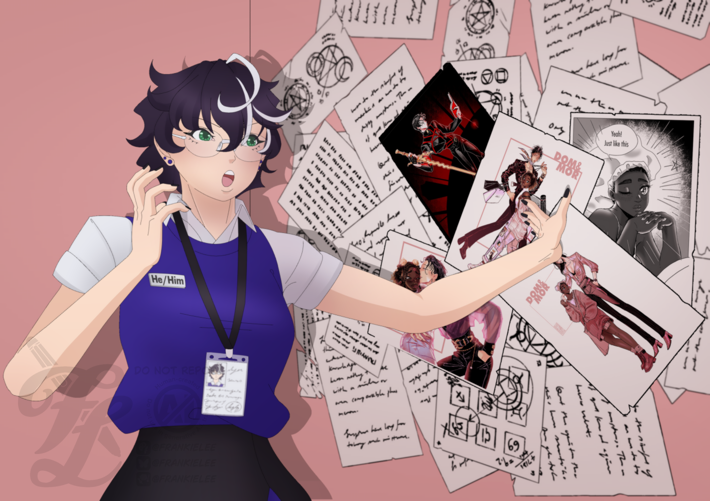 Frankie stands before a wall filled with papers stuck to it. He gestures emphatically towards it, seemingly desperate trying to communicate many thoughts at once in a fervour. The art featured is from Dom & Mor a webcomic by Nafisah Tung / DyeMeLikeASunset.